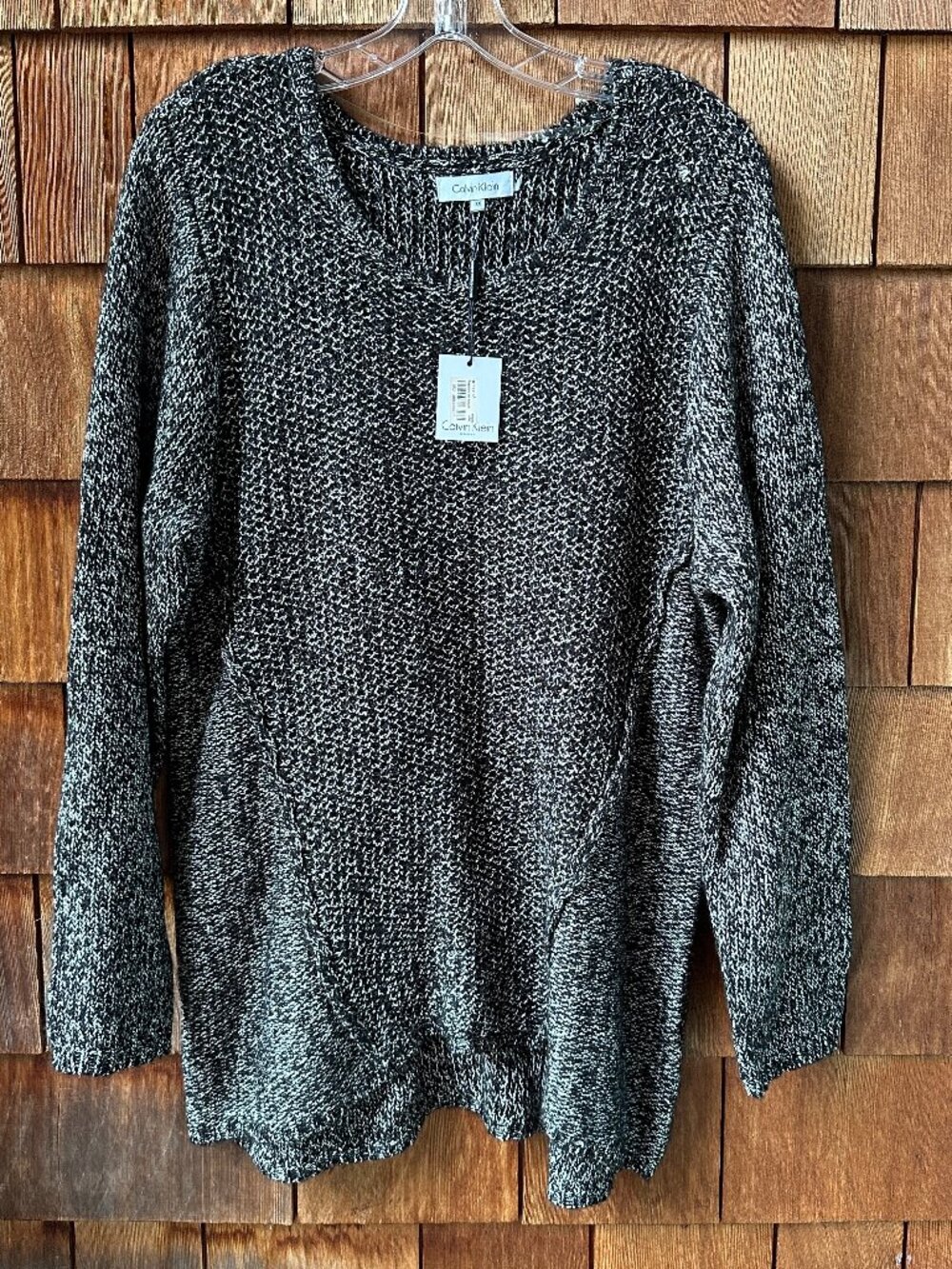 NWT Calvin Klein Black & White Marled Knit Long Sleeve Sweater in Women's 1X